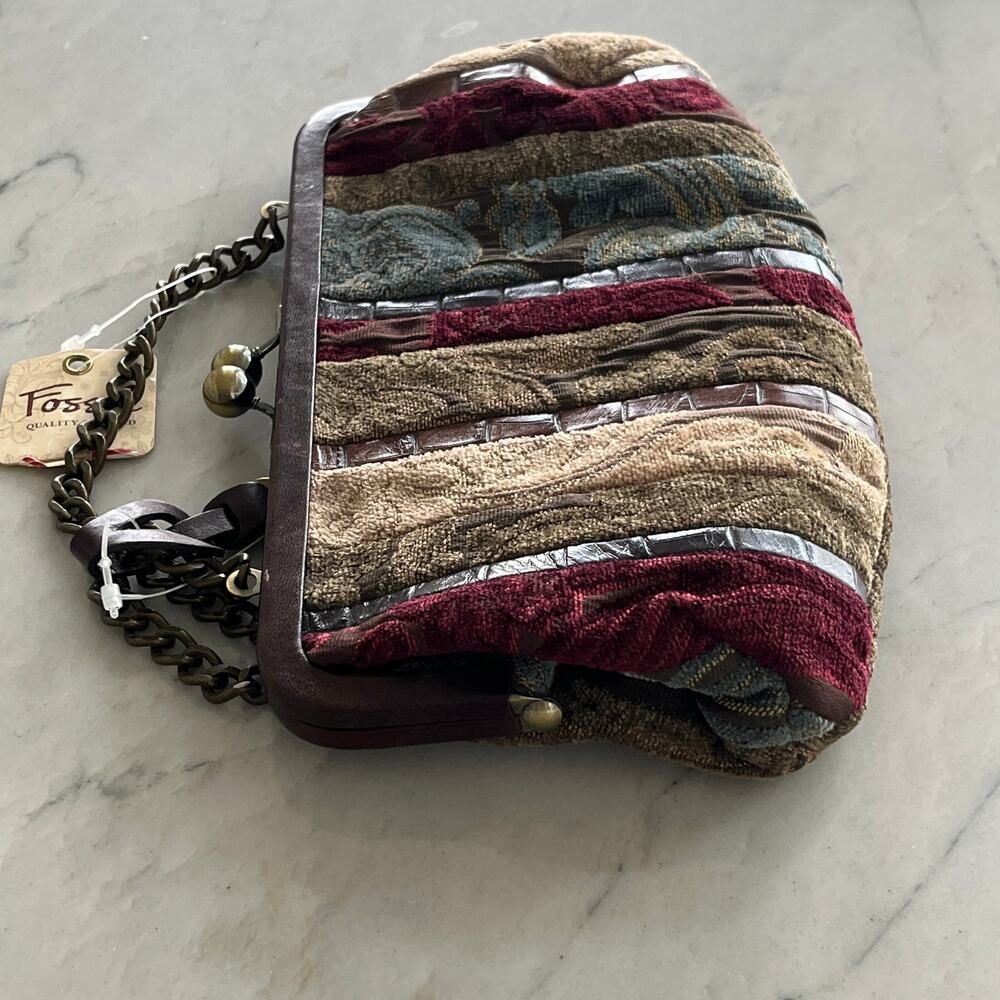 Fossil Blakely Frame Clutch Patchwork Leather Kiss Lock Bag Purse NWT - Picture 6 of 15